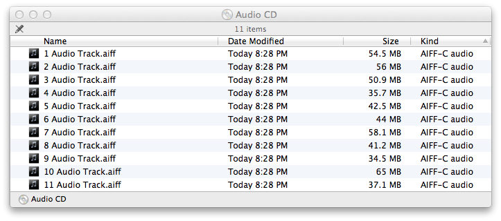 Mac OS Finder showing music CD contents, with filenames from "1 Audio Track.aiff" to "11 Audio Track.aiff".