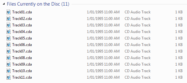 Windows directory listing, showing "Files Currently on the Disc (11)" with files from "Track01.cda" up to "Track11.cda".