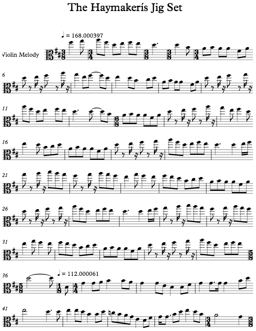 Sheet music showing no articulations and partial changes of key.