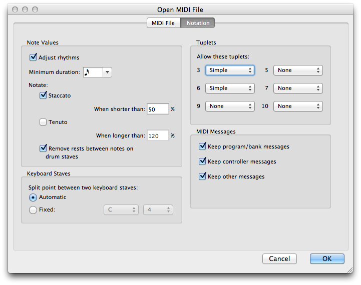 MIDI import settings for rhythms and tuplets