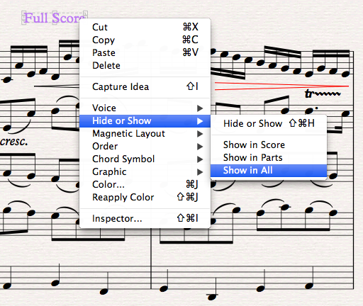 Popup menu in Sibelius showing "Hide or Show -> Show in All".