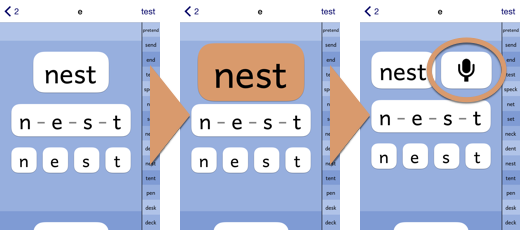 PBPhonics screenshot sequence showing the word "next" being tapped to play it and make the microphone button appear.