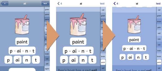 PBPhonics screenshots showing changing colours and layouts on the word screen.