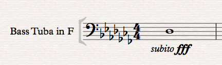 Sheet music for bass tuba in F, key of A flat minor, with a D flat semibreve to be played subito fortississimo.
