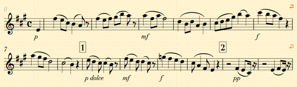 Sheet music showing dynamic symbols in thin italics.