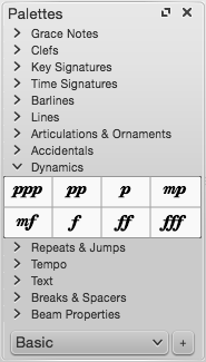 Screen capture of "Palettes" showing "Dynamics" open and options for "ppp," "pp," "p," "mp," "mf," "f," "ff" and "fff".