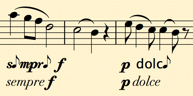 Sheet music with "sempre f" and "p dolce" garbled with quavers (eighth notes) replacing the "e" and other letters in oddly shaped.