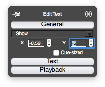 Window labelled "Edit Text". A "General" heading has editable fields labelled "X" and "Y". X is -0.59, Y is -5 and highlighted.
