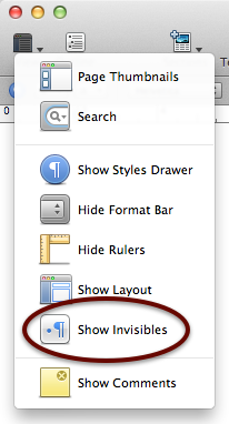 Pages "View" drop-down menu with "Show invisibles" highlighted