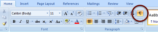 Word 2007 ribbon showing ¶ button enabled