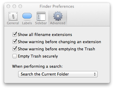 Mac OS Finder Preferences dialog showing "Show all filename extensions" checked.