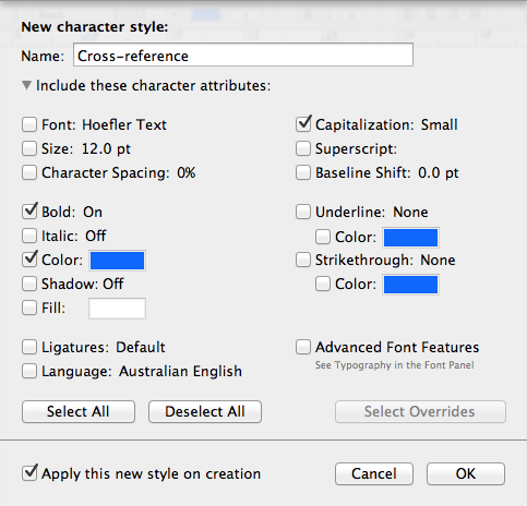 Dialog box in iWork pages showing override checkboxes for a character style