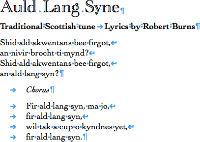 Lyrics to "Auld Lang Syne" showing dots between words and symbols at the end of lines