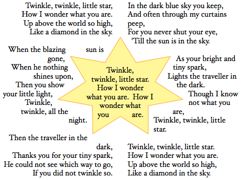Pages document showing "Twinkle, Twinkle Little Star" wrapped around and inside a star shape