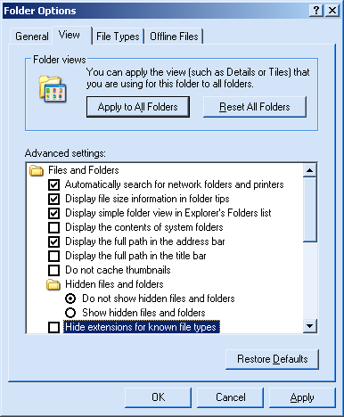 Windows Explorer Folder Options dialog box, showing the "Hide extensions for known file types" box unchecked.