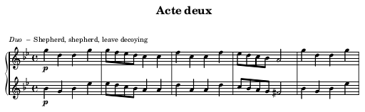 First line of the sheet music for the flute duet in act 2 of "King Arthur" by Henry Purcell.