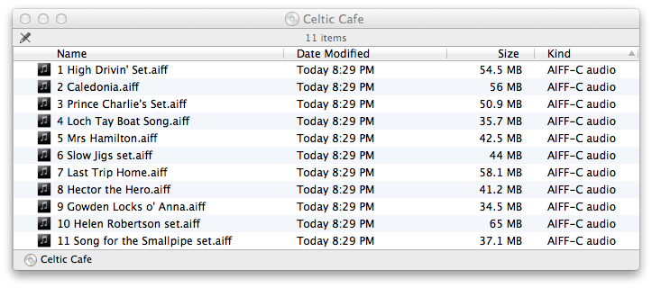 Mac OS Finder showing music CD contents, with filenames from "1 High Drivin' Set.aiff" to "11 Song for the Smallpipe set.aiff".