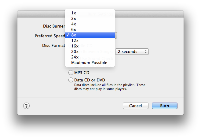 iTunes "Burn Settings" dialog showing burn speeds from 1x to 24x, with 8x selected.