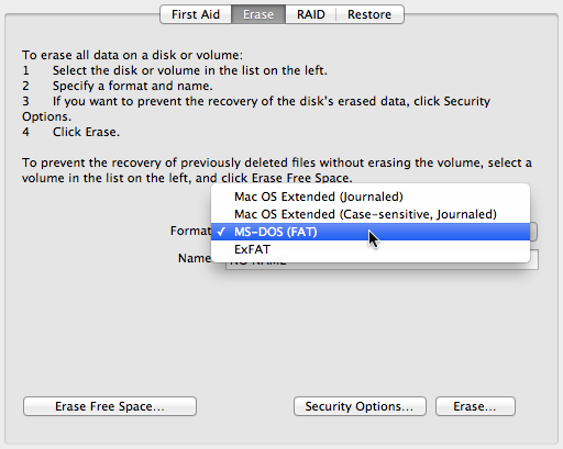 Mac OS Disk Utility settings with "Format:" set to "MS-DOS (FAT)".