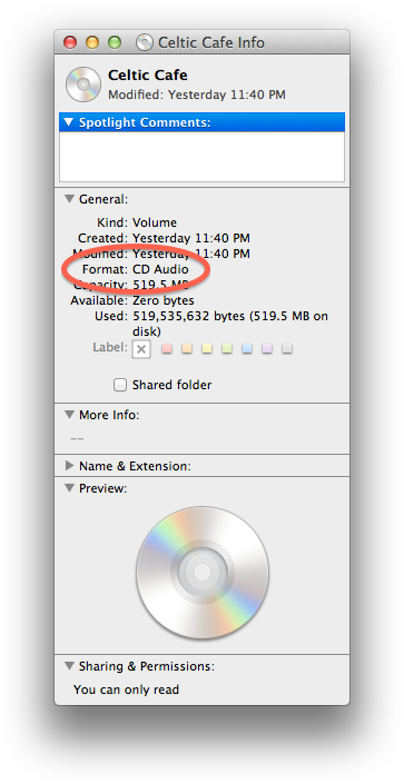 Mac OS Device Info showing "Format: CD Audio" circled.