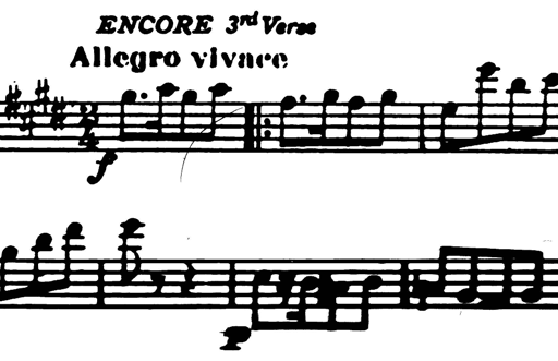 Fragment of sheet music for "H.M.S. Pinafore", showing blurry notes and accidentals