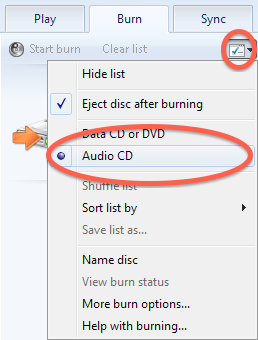 Windows Media Player burn menu showing "Audio CD" circled