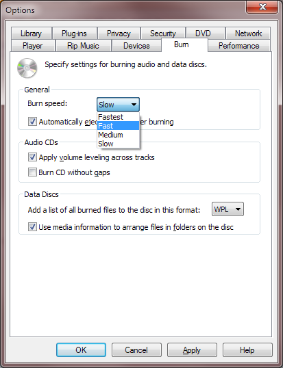 Windows Media Player "Options" dialog showing "Burn" tab with fastest, fast, medium and slow.