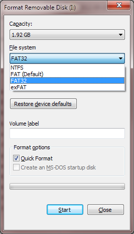 Windows "Format" dialog showing "File system" set to "FAT32".