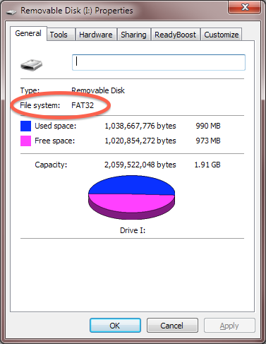 Windows "Properties" dialog for a removeable drive with "File system: FAT32" circled.