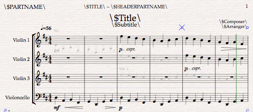 Top of Sibelius document showing \$Partname\, \$Title\, \$Subtitle\, \$Composer\ and \$Arranger\
