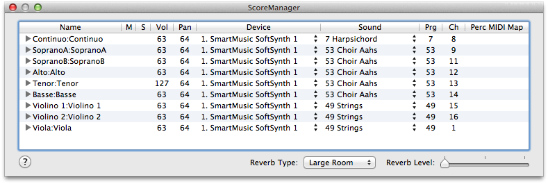 Finale NotePad 2012 instruments (accessed through "Window" > "ScoreManager") with Tenor volume maximised and all other volumes halved