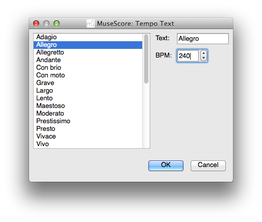 Adding tempo text in MuseScore 1.3 (accessed through "Create" > "Text" > "Tempo...")