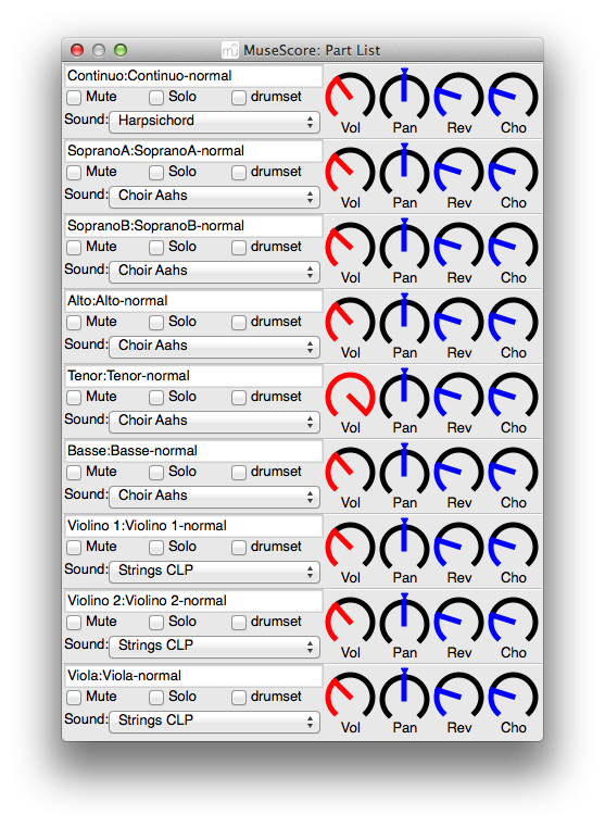 MuseScore 1.3 instruments (accessed through "Display" > "Mixer") with Tenor volume maximised and all other volumes reduced