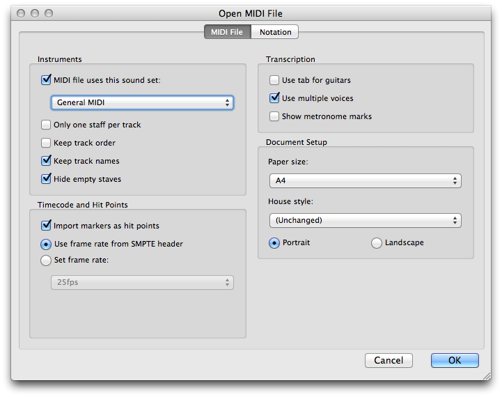 Sibelius 7 MIDI import settings tab 1 ("MIDI File")