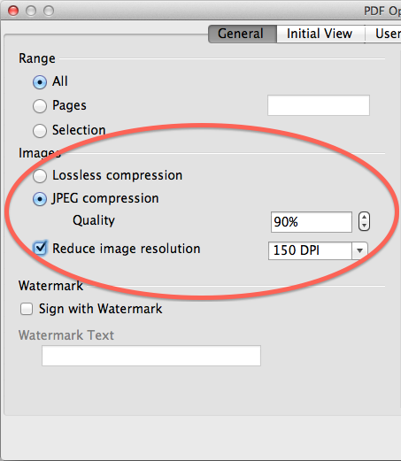 Dialog box titled "PDF Options" showing "Images" set to "JPEG compression", "Quality" set to 90%, and "Reduce image resolution checked and set to 150 DPI.