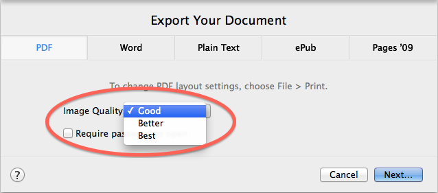 Dialog box titled "Export Your Document", with "Image Quality" set to "Good".