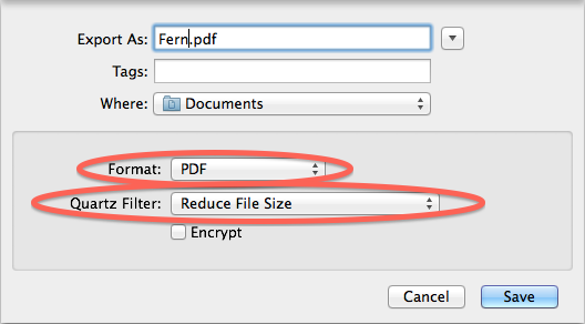 Dialog box showing 'Format: PDF' and 'Quartz Filter: Reduce File Size'.
