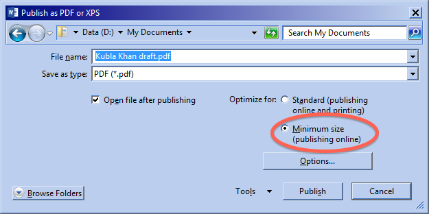 Dialog box titled "Publish as PDF or XPS" showing "Optimize for" set to "Minimum size".