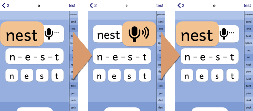 PBPhonics screenshot sequence showing the word button "next" highlighting, then the microphone button, then the word button.