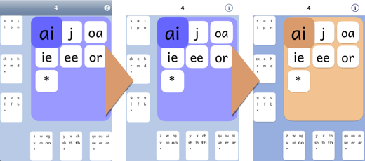 PBPhonics screenshots showing changing colours and layouts on the phoneme selection screen.