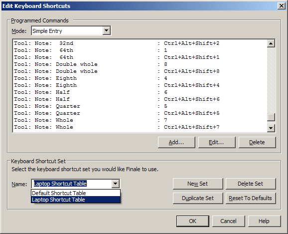 Screen capture of dialog box labelled "Edit Keyboard Shortcuts", with a group box labelled "Keyboard Shortcut Set" and a combo box being changed from "Default Shortcut Table" to "Laptop Shortcut Table".