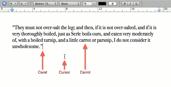Word processor screen capture showing vertical blinking bar (caret) and mouse cursor.