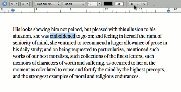 Word processor screen capture showing the word "emboldened" selected and with bold formatting being applied to it.