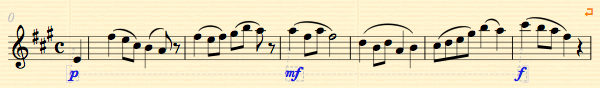 Sheet music showing "p," "mf" and "f".