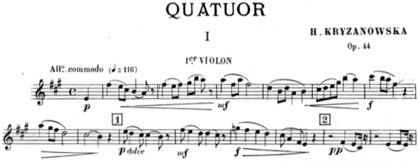 Sheet music showing the first two lines of a string quartet violin 1 part.
