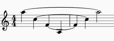 Descending and ascending notes with long ties skipping the notes in the middle.