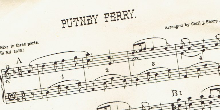 Sheet music scanned at an angle, in colour and low resolution.